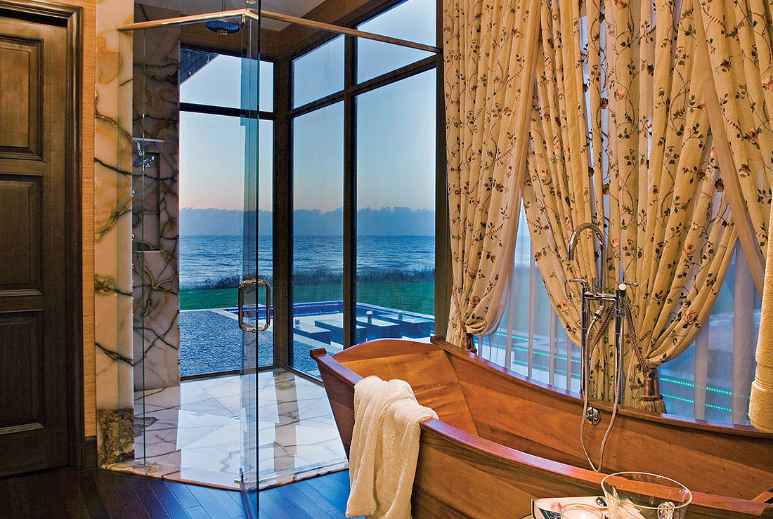 Ocean View Bathroom with Mahogany Soaking Tub and Steam Shower
