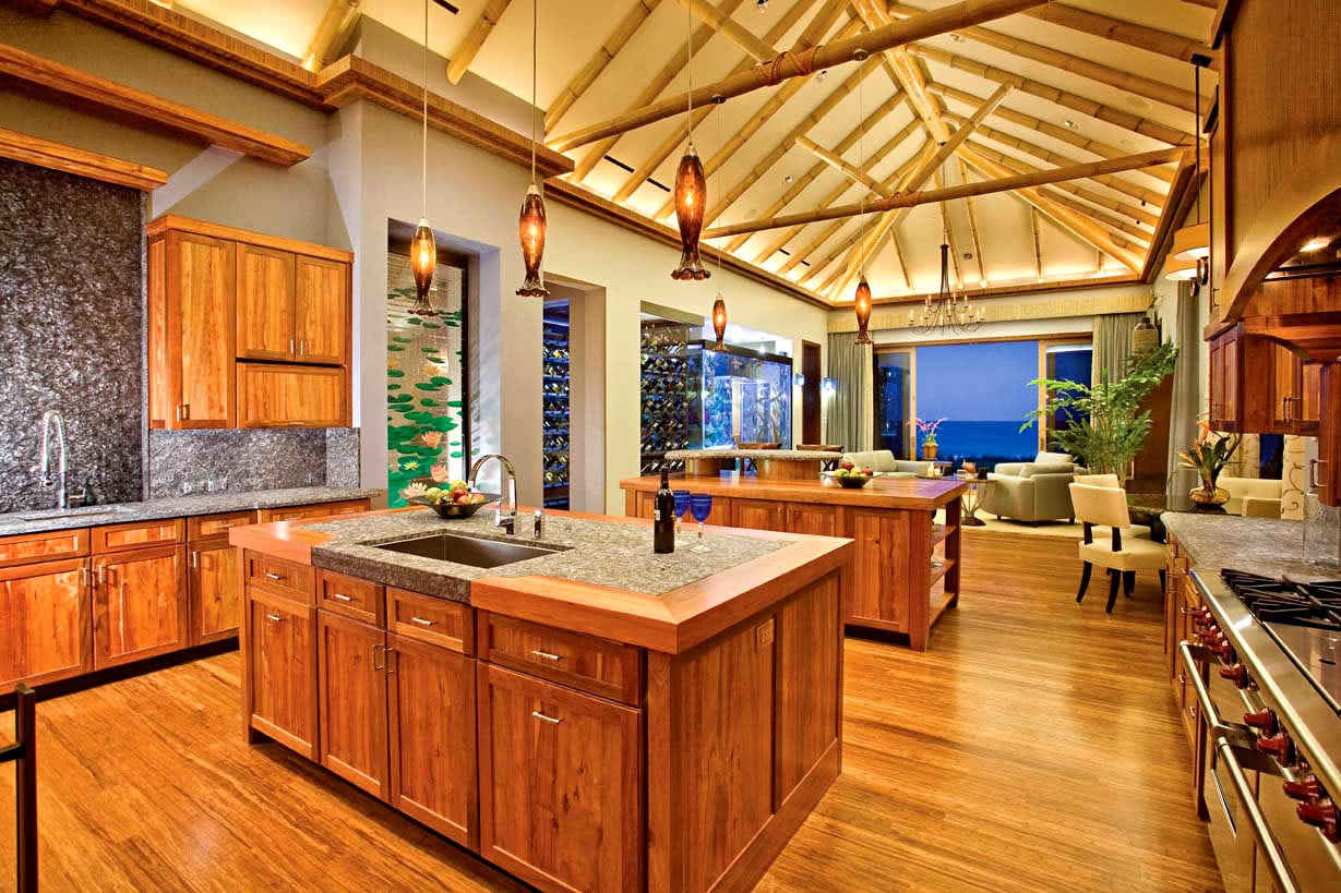 Oceanfront Hawaiian Koa-wood Kitchen and Tropical Hardwood Floors