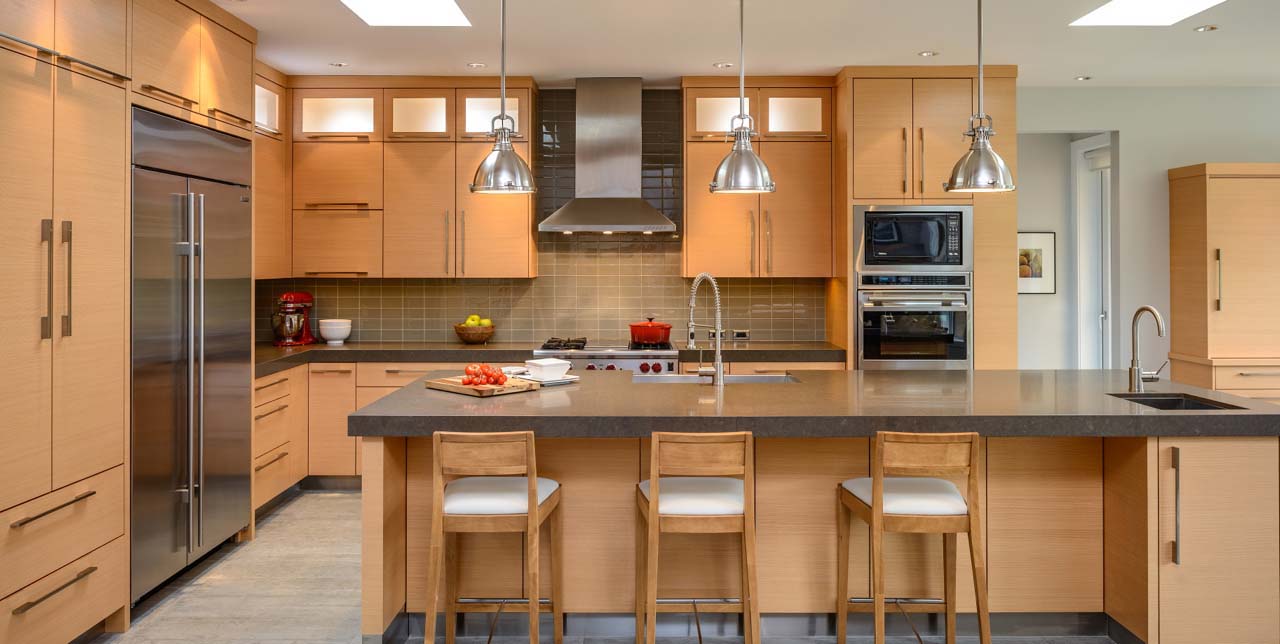 Modern Kitchen with Natural Wood Cabinets and Quartz Countertop