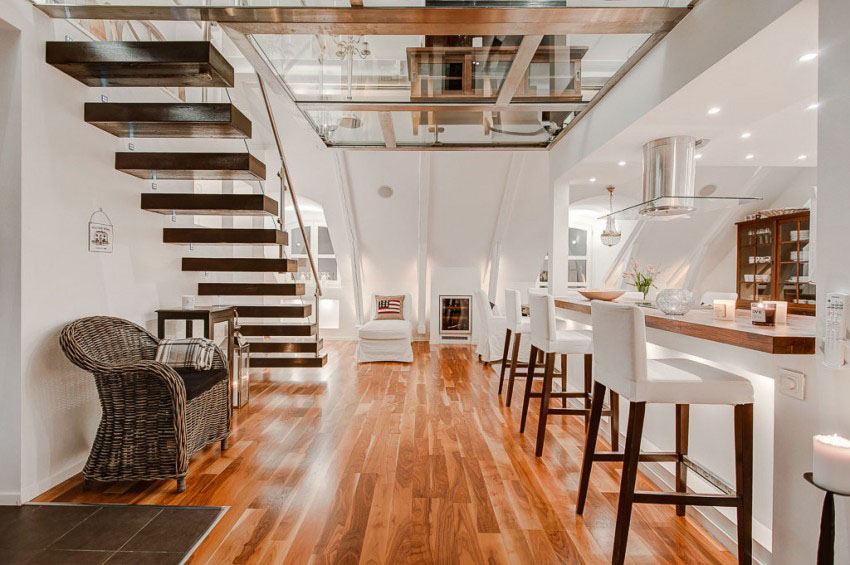 Stylish Penthouse with Wood and Glass Staircase