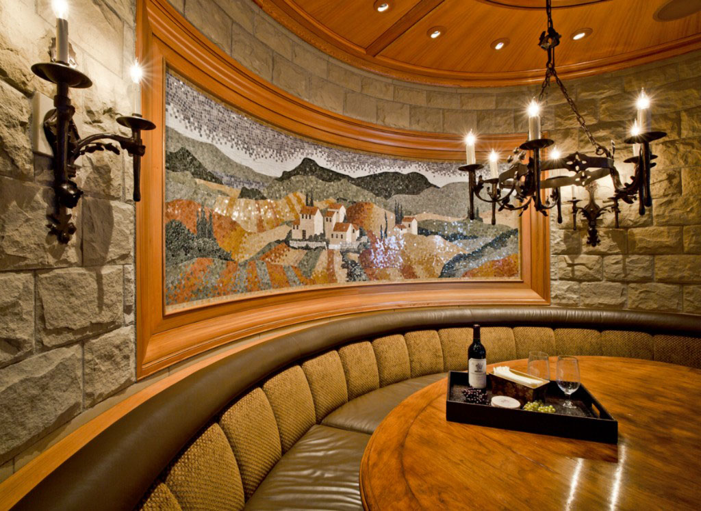 Home Basement Bar with Rustic Stone Wall