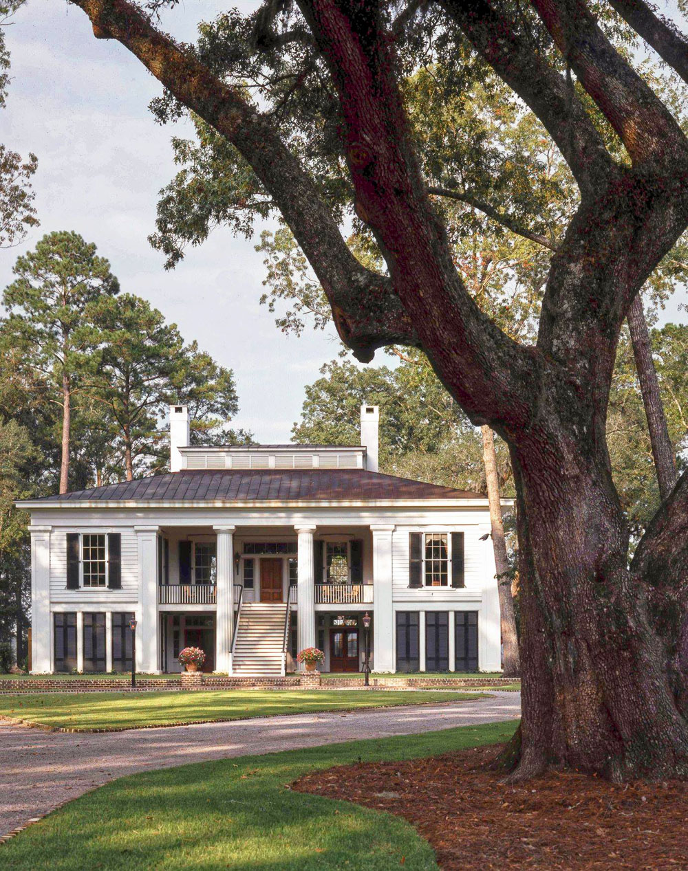 Greek Revival Style Plantation Home Grand Façade with Fluted Doric Columns