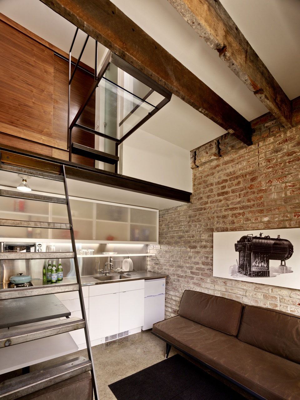 Micro Apartment Loft with Brick Wall and Glass Landing