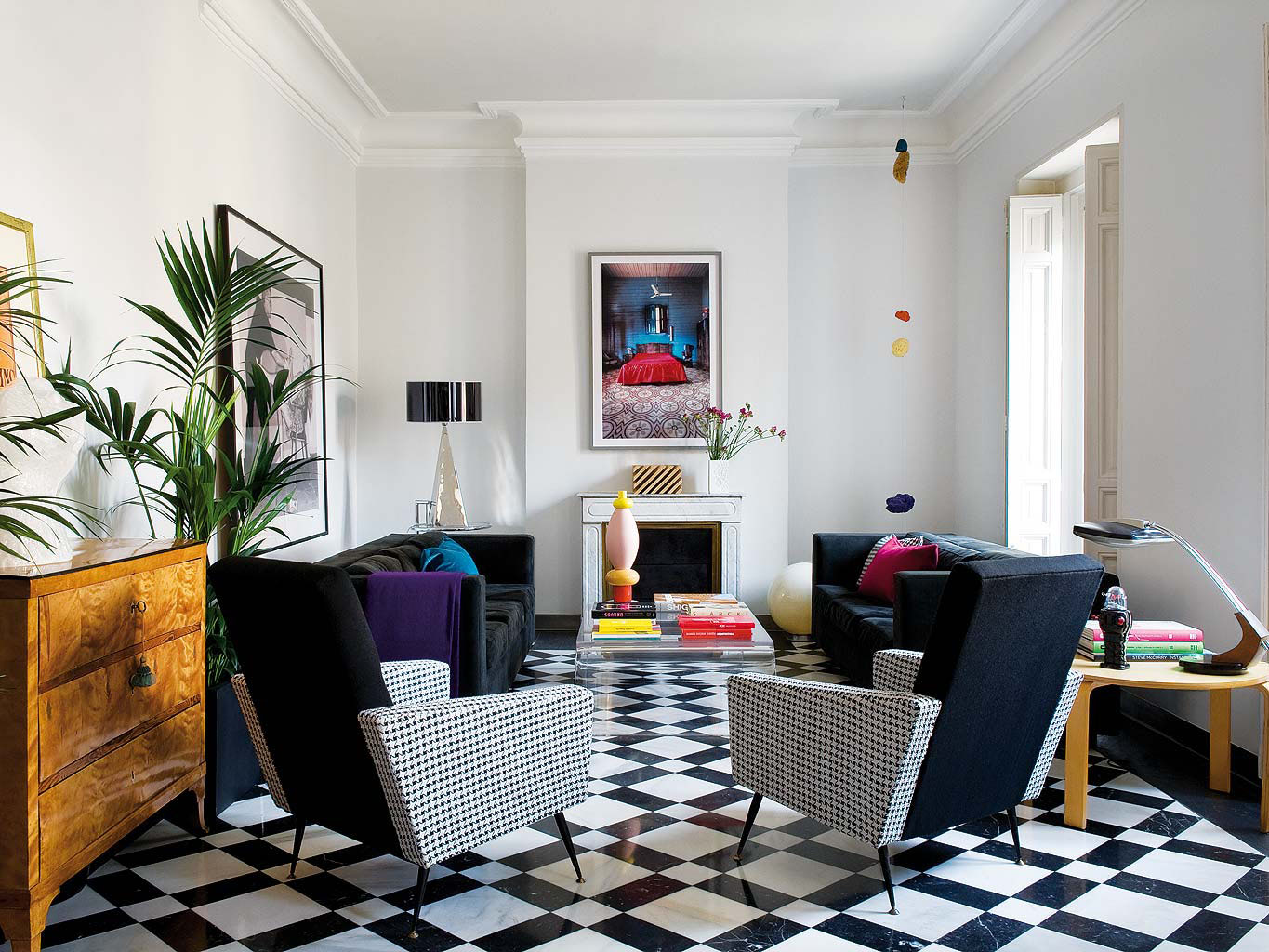 Living Room with White Marble Fireplace