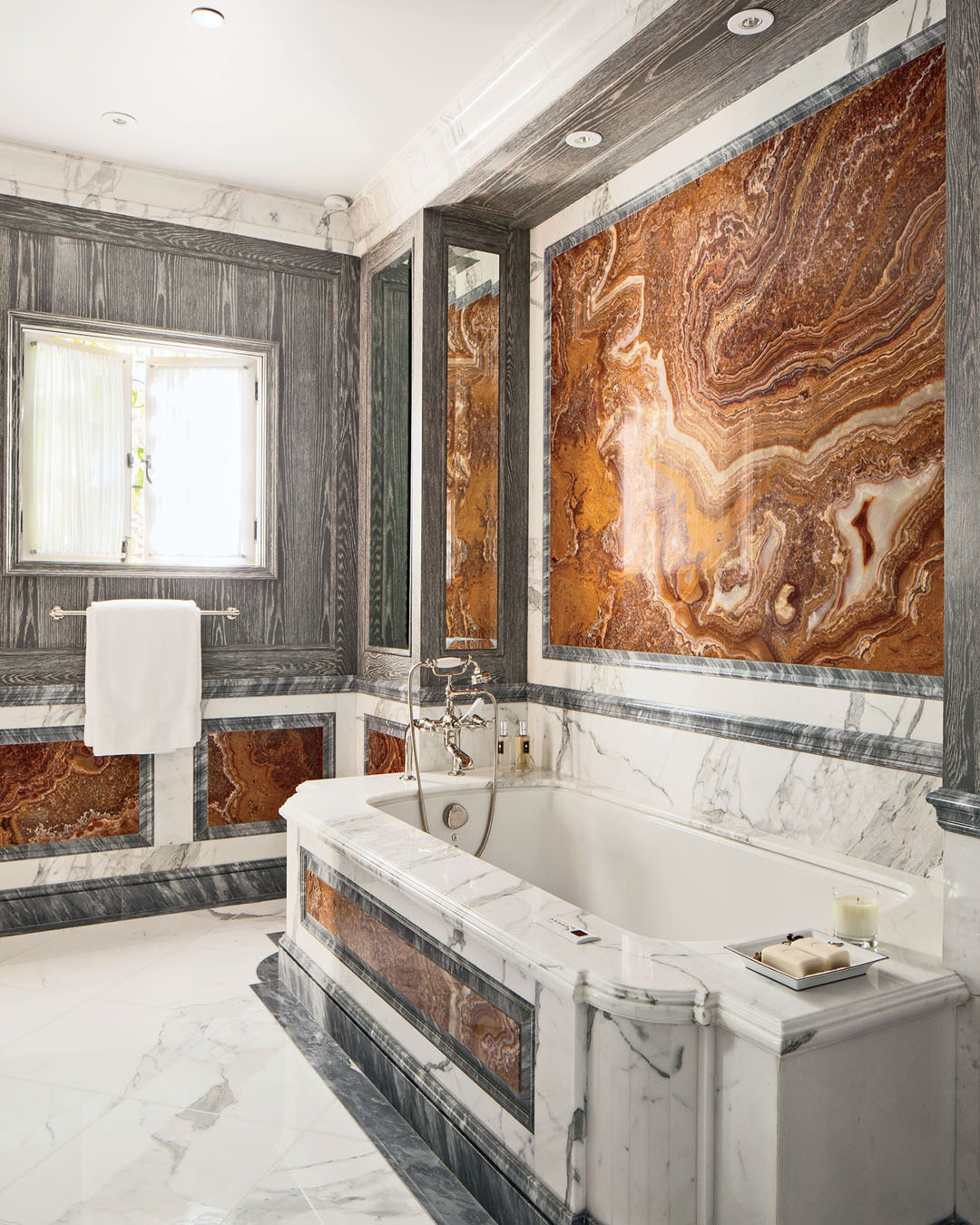 Distressed Oak, Gray Onyx and Red Marble Bathroom