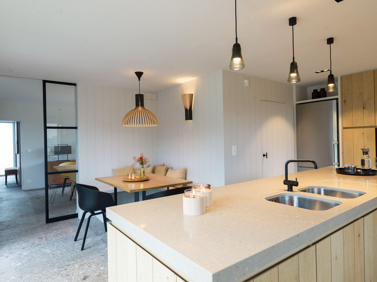 Modern Kitchen with Granite Countertop and Light Wood Cabinet