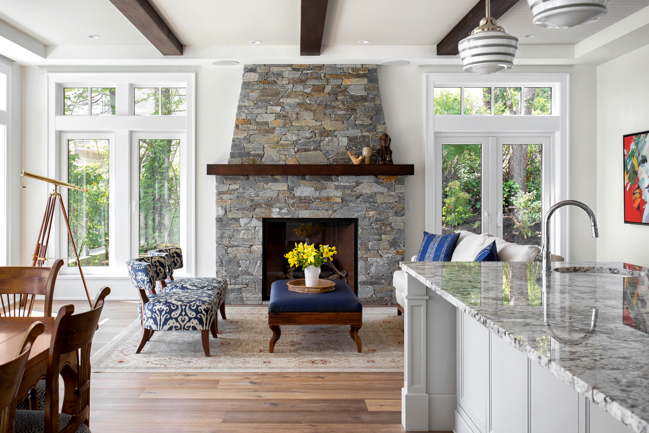 Contemporary Country Style Living Room with Stone Fireplace