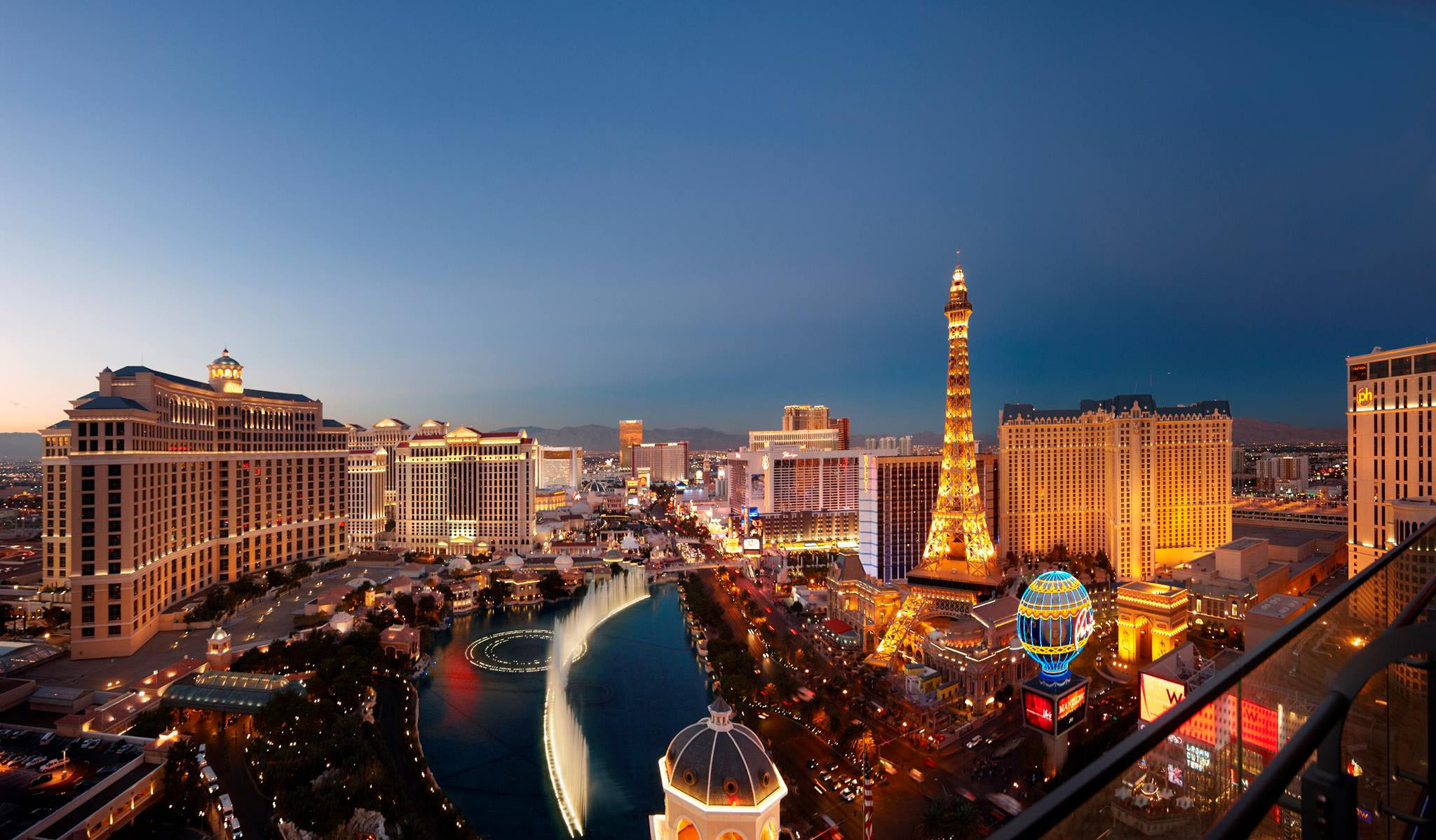 View of The Bellagio Fountain and Eiffel Tower Paris Las Vegas from Cosmopolitan Room Terrace