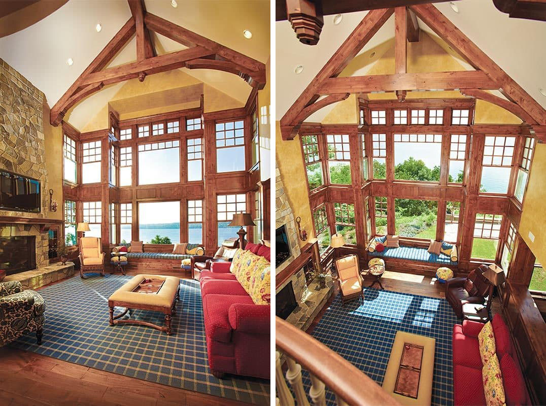 Living Room by the Lake with Wood Trusses