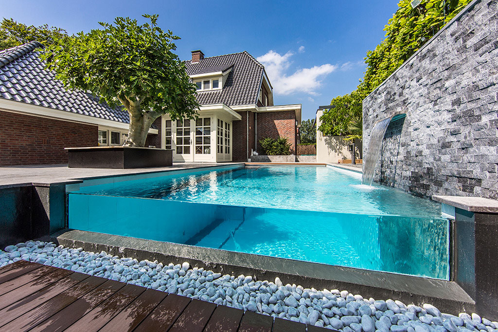 Dream Backyard Garden With Amazing Glass Swimming Pool.