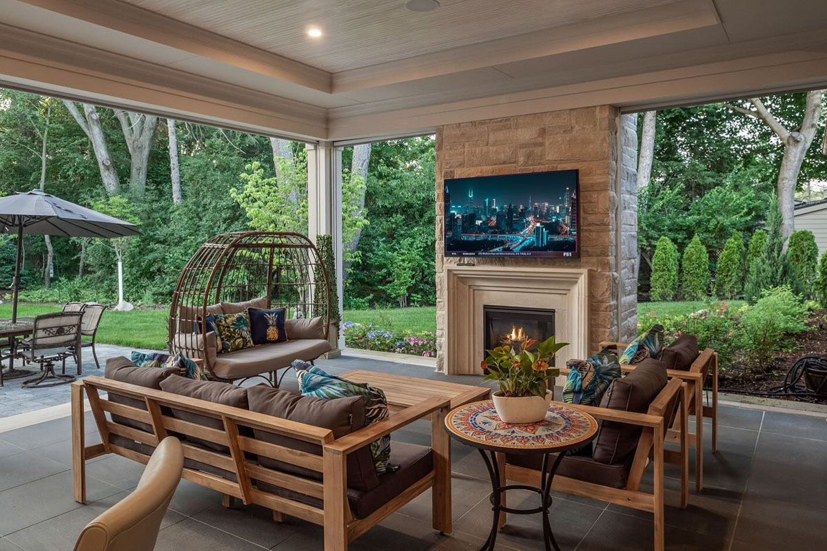 All seasons covered patio with fireplace