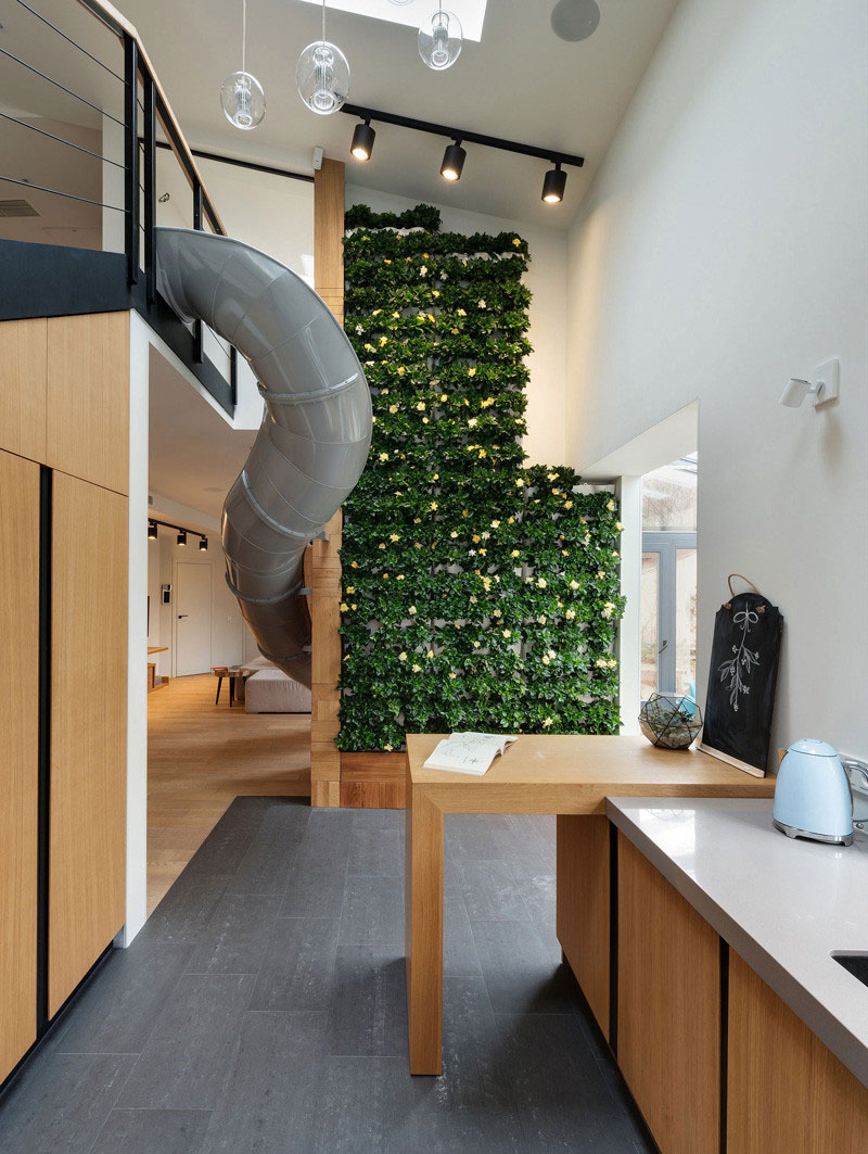 Unique Apartment With a Slide and Decorative Plant Wall