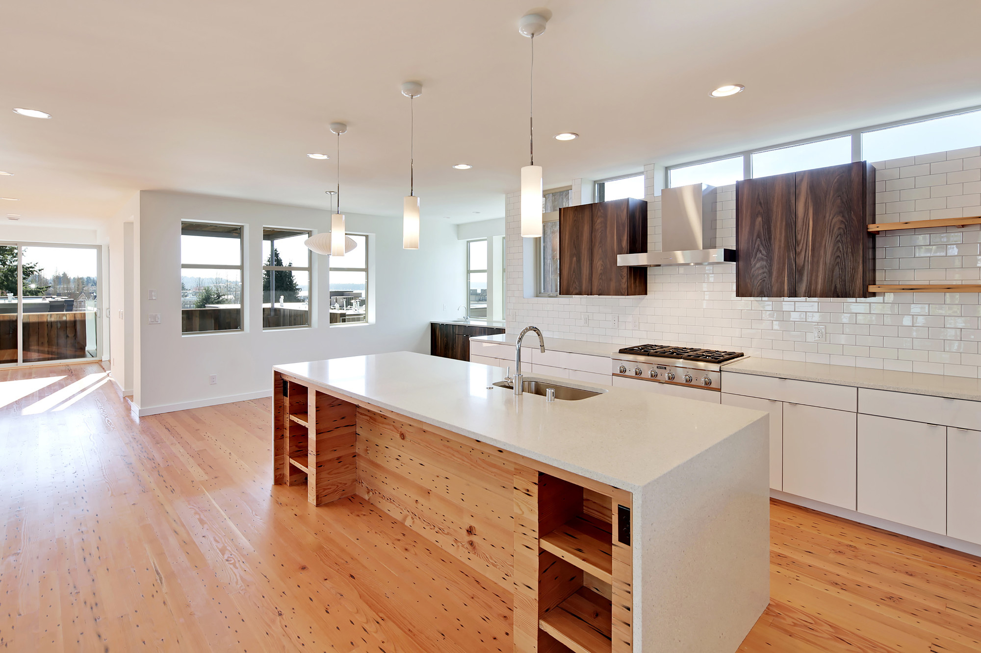 Modern Kitchen with Wood Shelves and Quartz Countertop