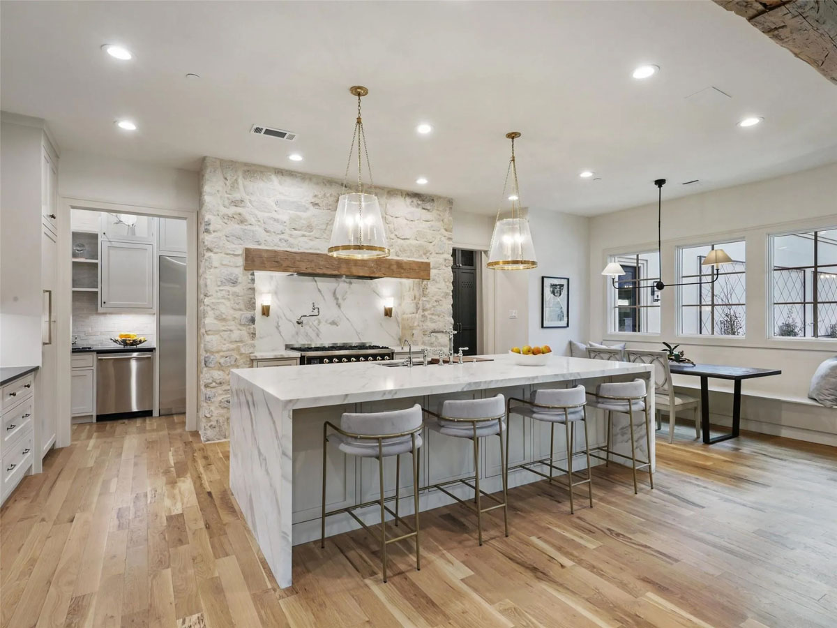 Modern Kitchen with Rustic Stone Wall