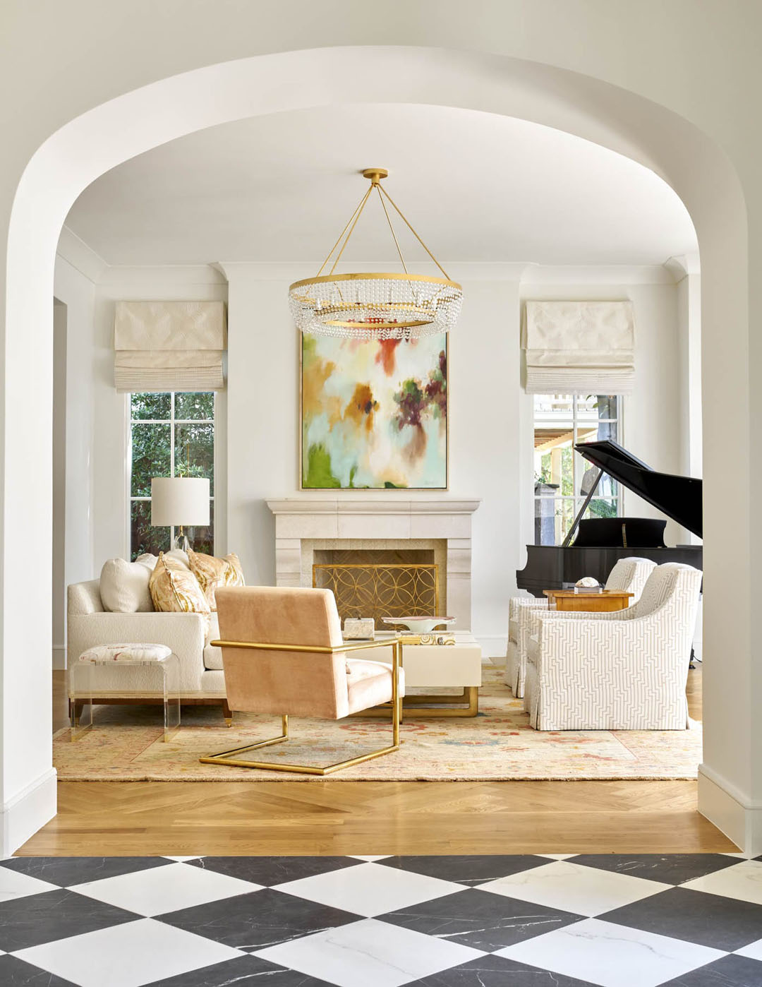 Living Room with Black-and-White Checkerboard Floor