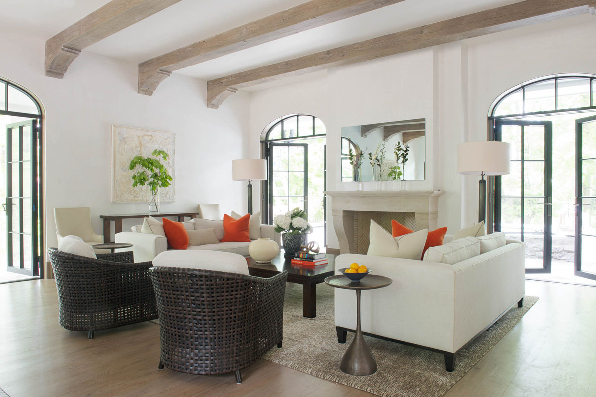 Limestone Fireplaces and White-Oak Ceiling Beams