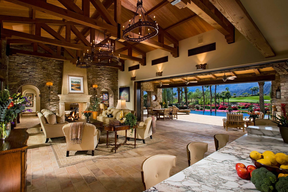 Great Room with Stone Wall and Wood Trusses