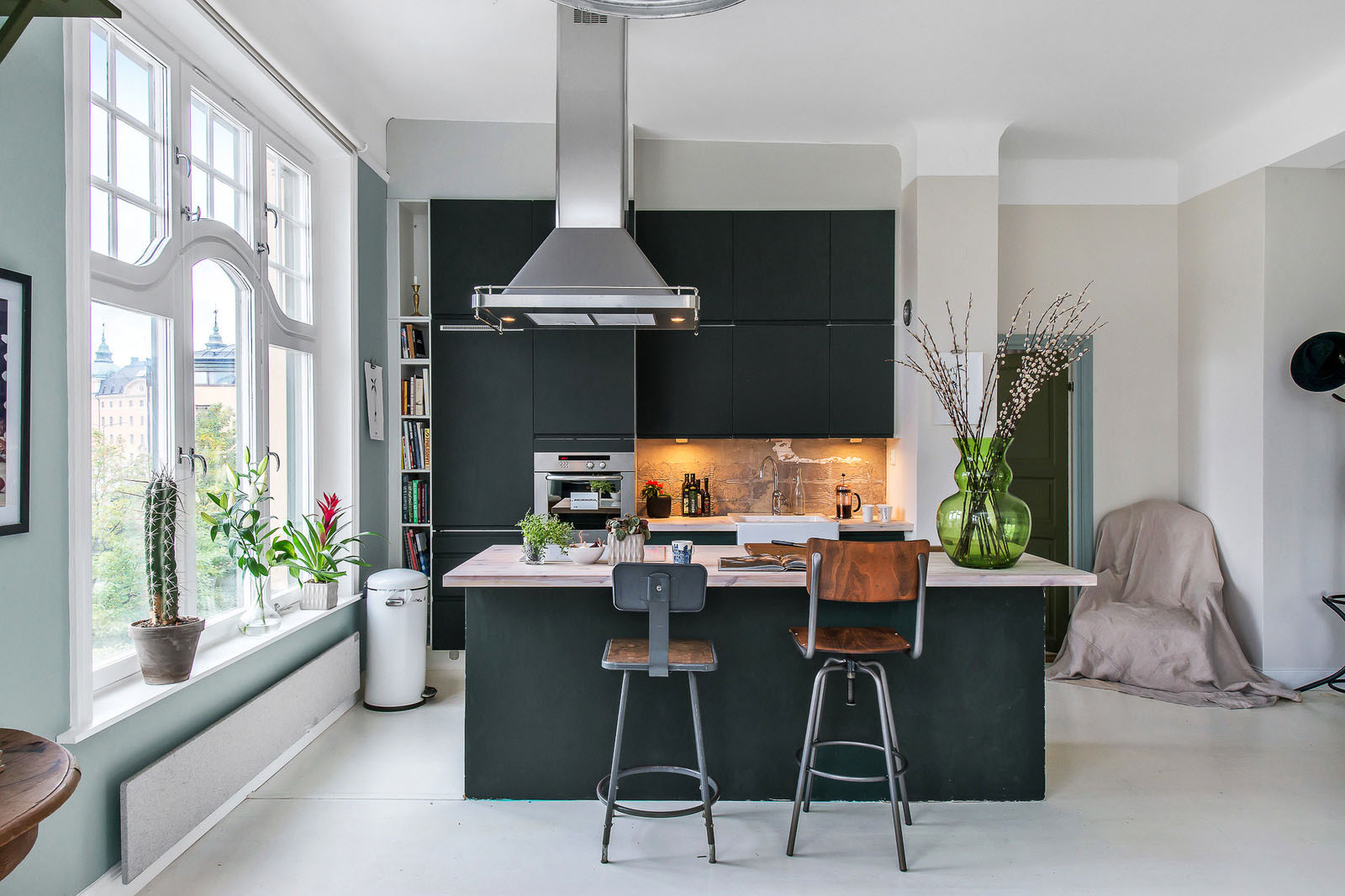 Modern Apartment Kitchen with Rustic Stone Wall