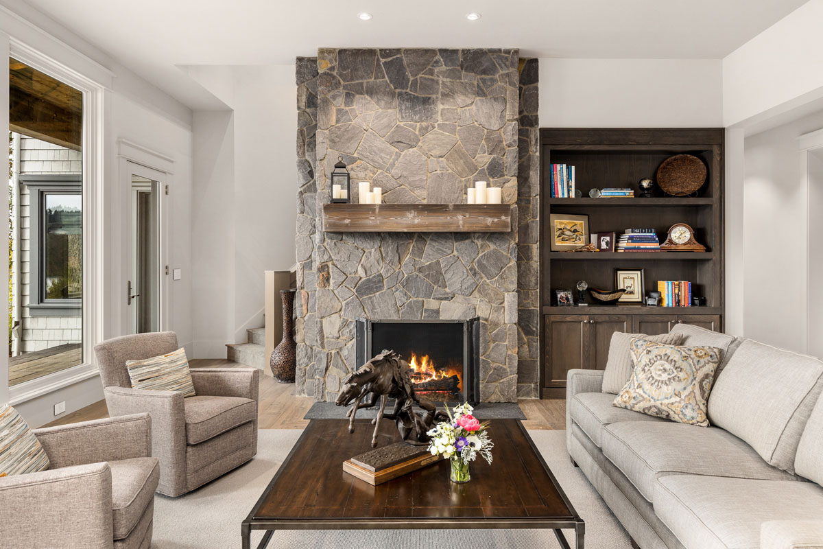 Modern Living Room with Rustic Stone Fireplace