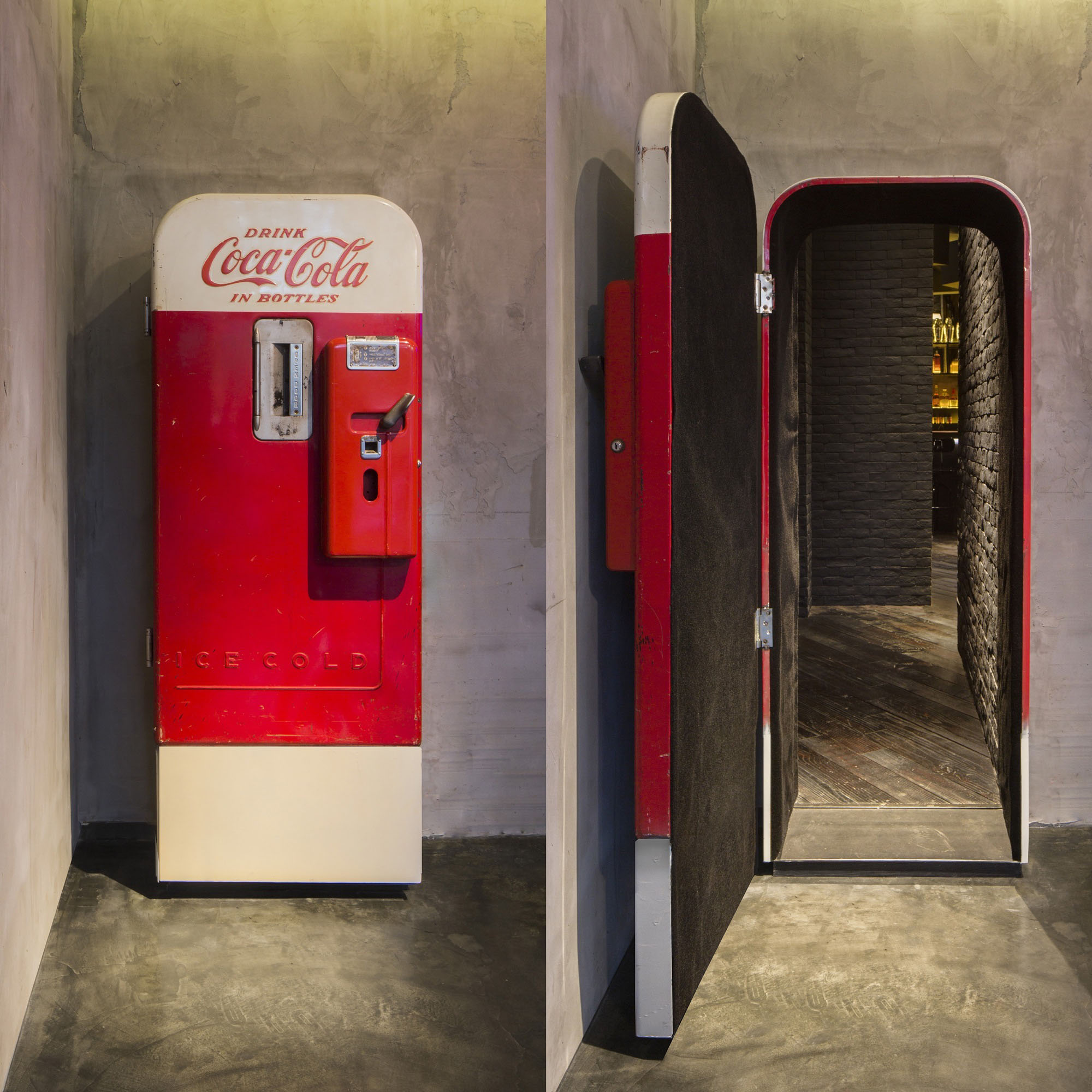 Unique Speakeasy-Themed Bar Entrance with Camouflage Coca-Cola Door