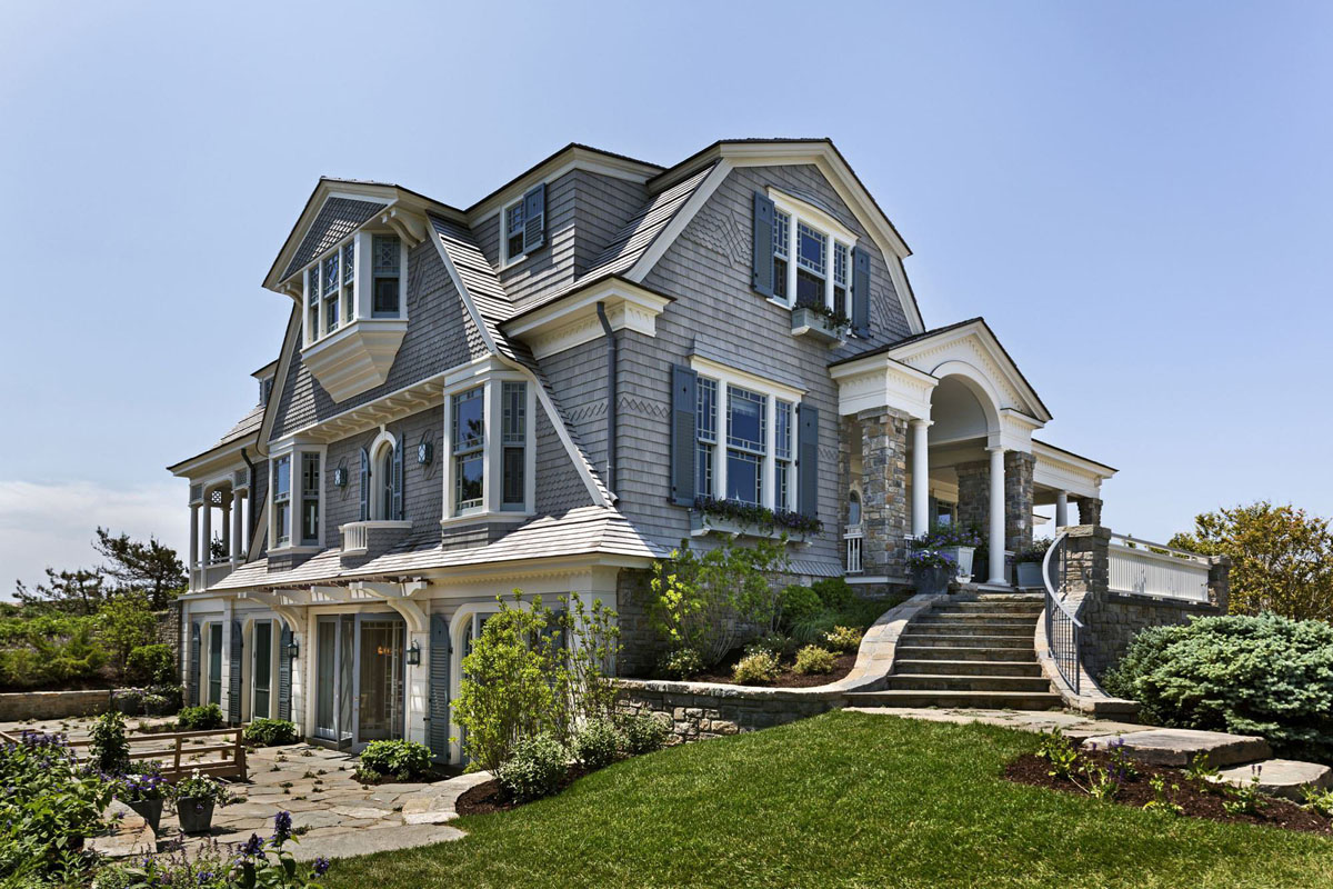 Shingle Style House with Blue Shutters