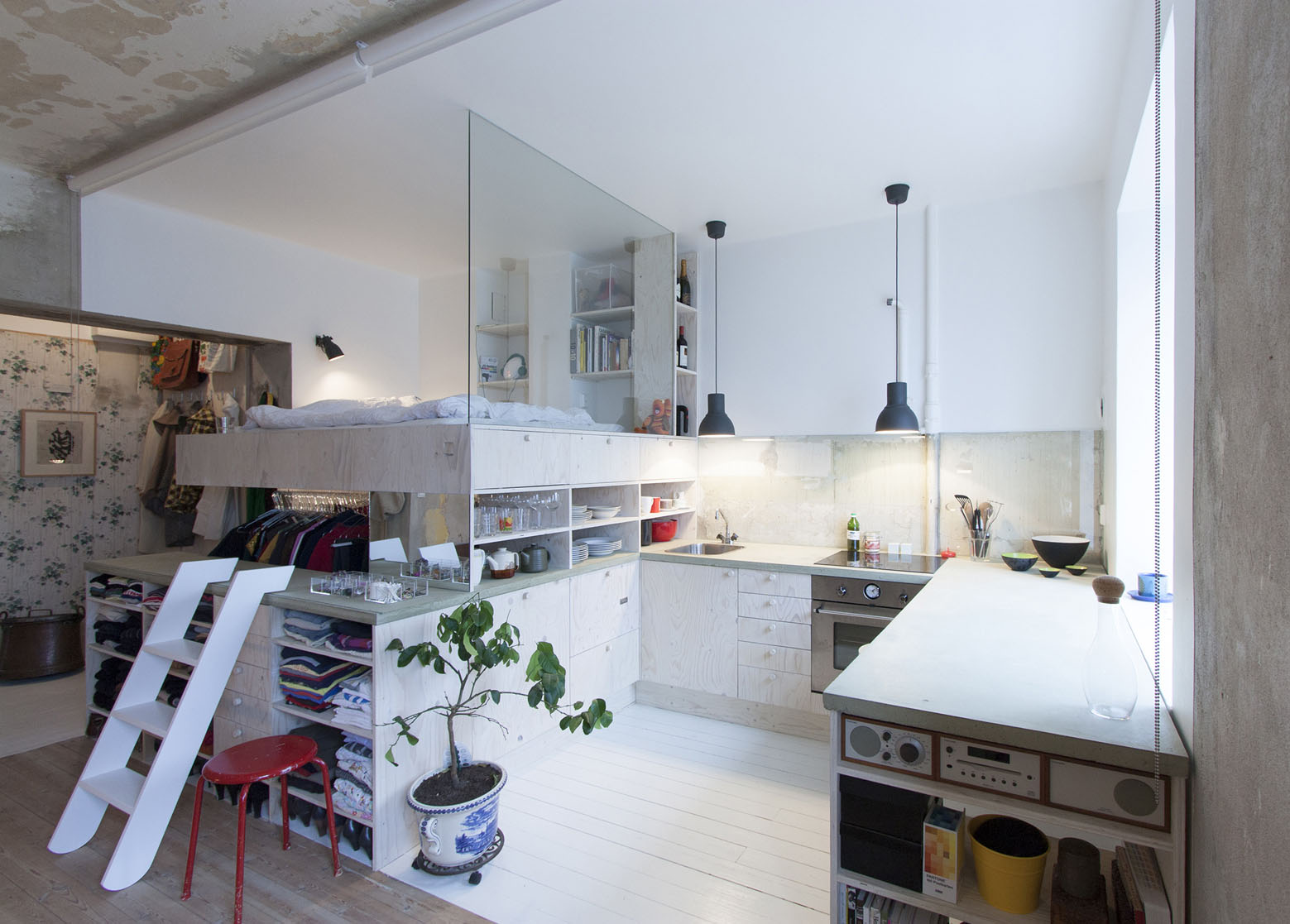 Micro Studio Apartment Bedroom Loft with Glass Wall