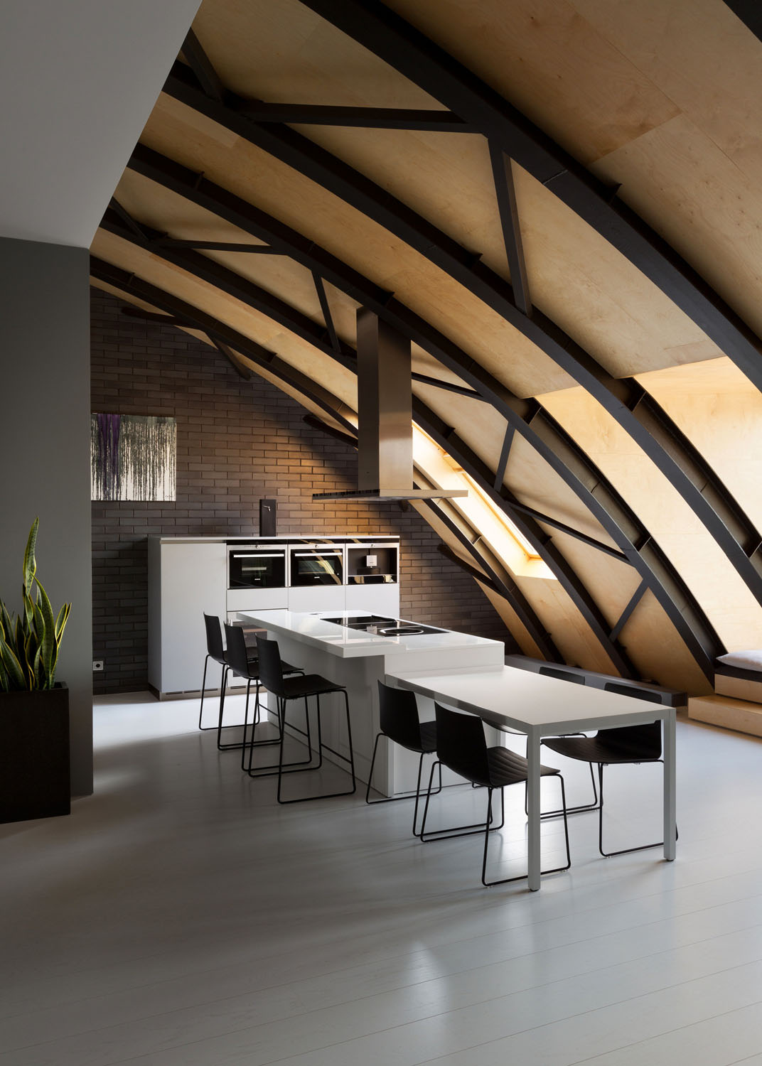 Loft with Steel Beam Curve Roof and Plywood Ceiling