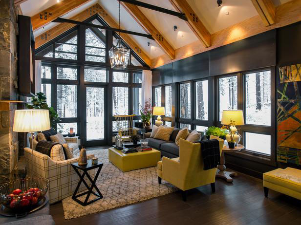 Lake Tahoe Home Living Room with Exposed Wood beams