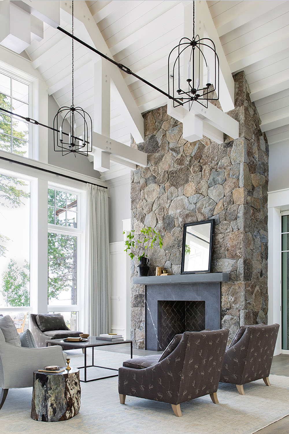 Living Room with Tall Stone Fireplace