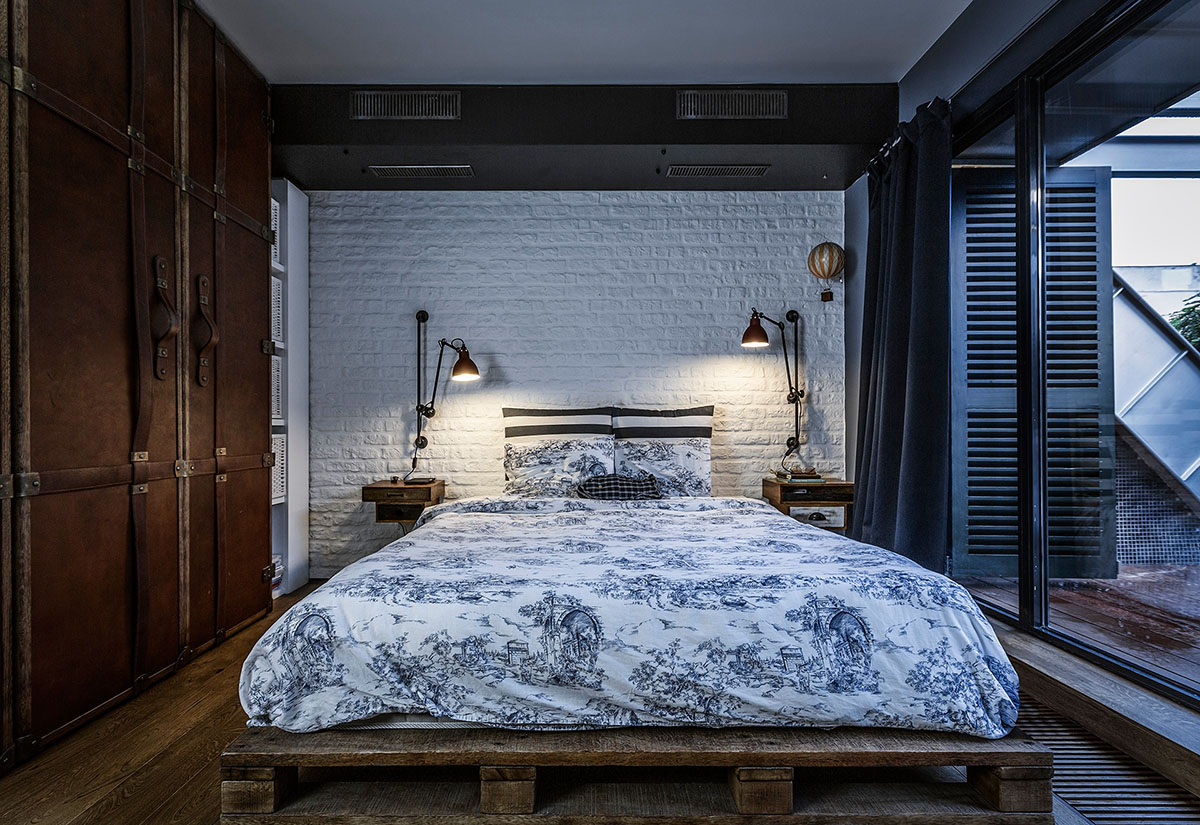 Bedroom with White Brick Wall