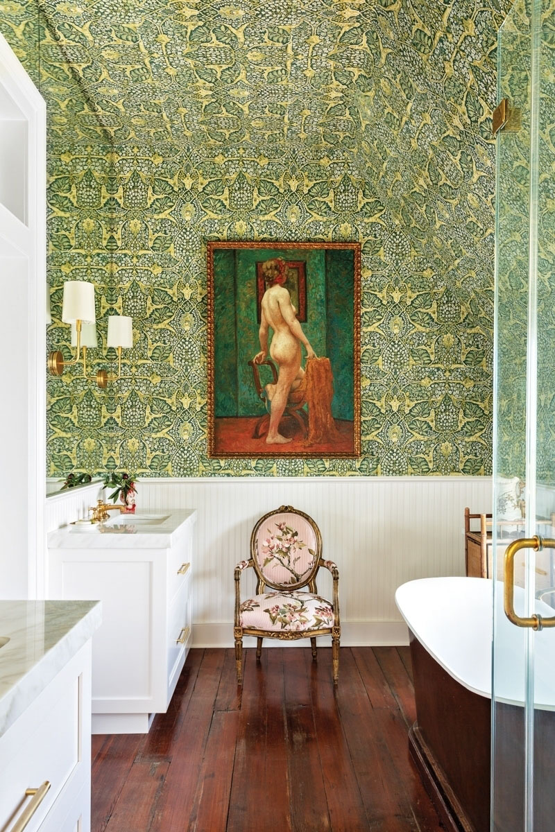 Master bathroom with reclaimed antique heart pine wood floors