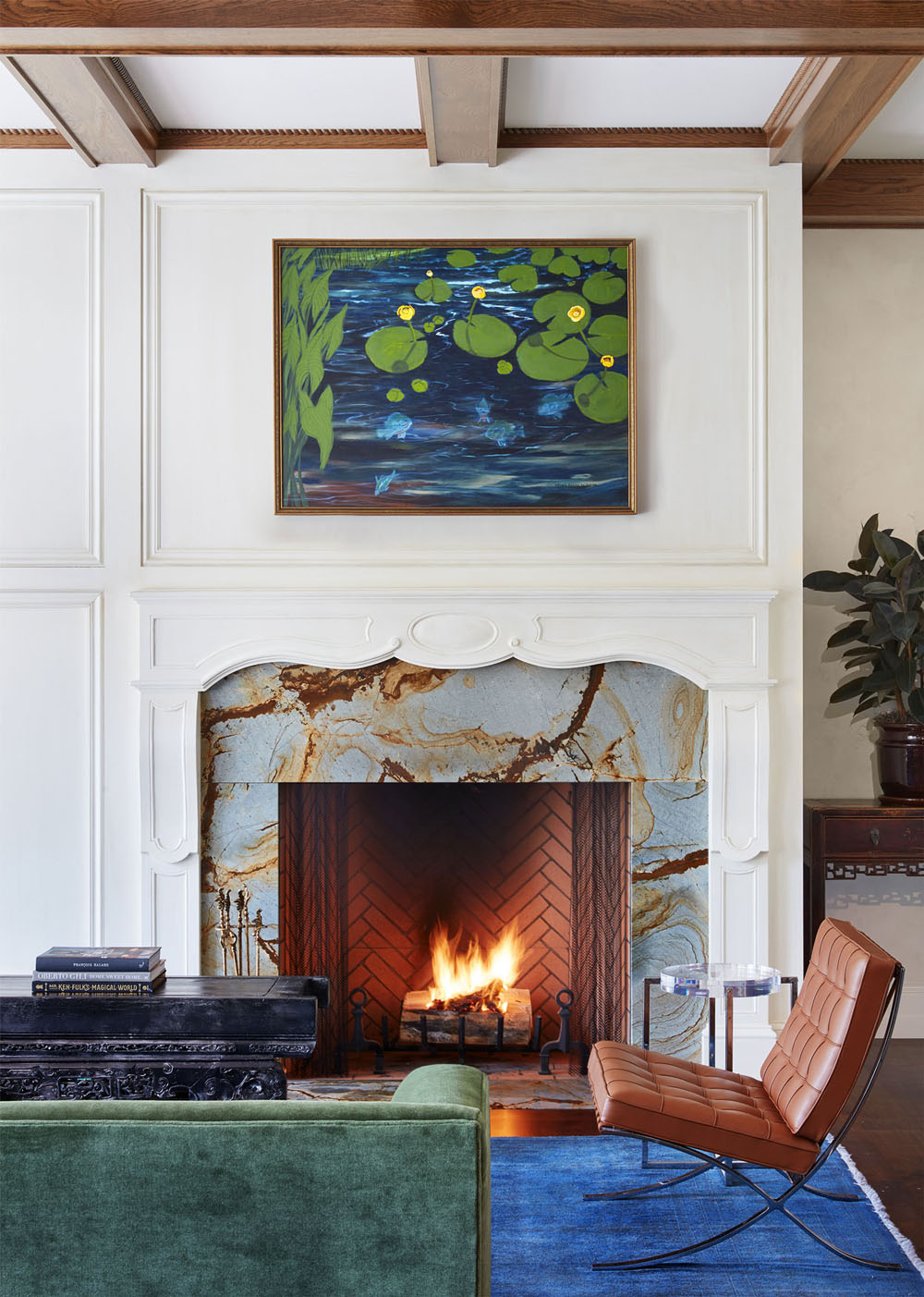 Wood Panelling Wall and Marble Clad Fireplace
