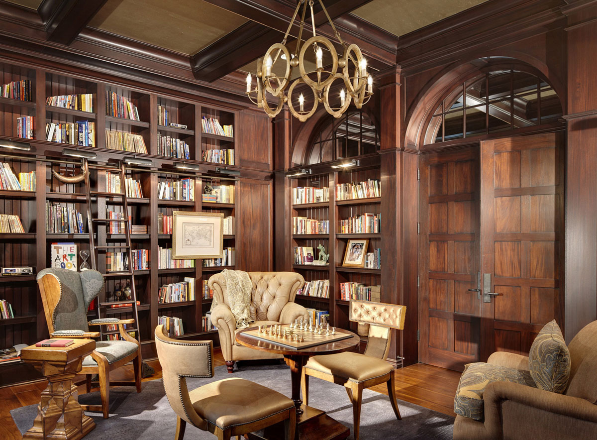 Home Office Library in Walnut with Medium Tone Wood Floor