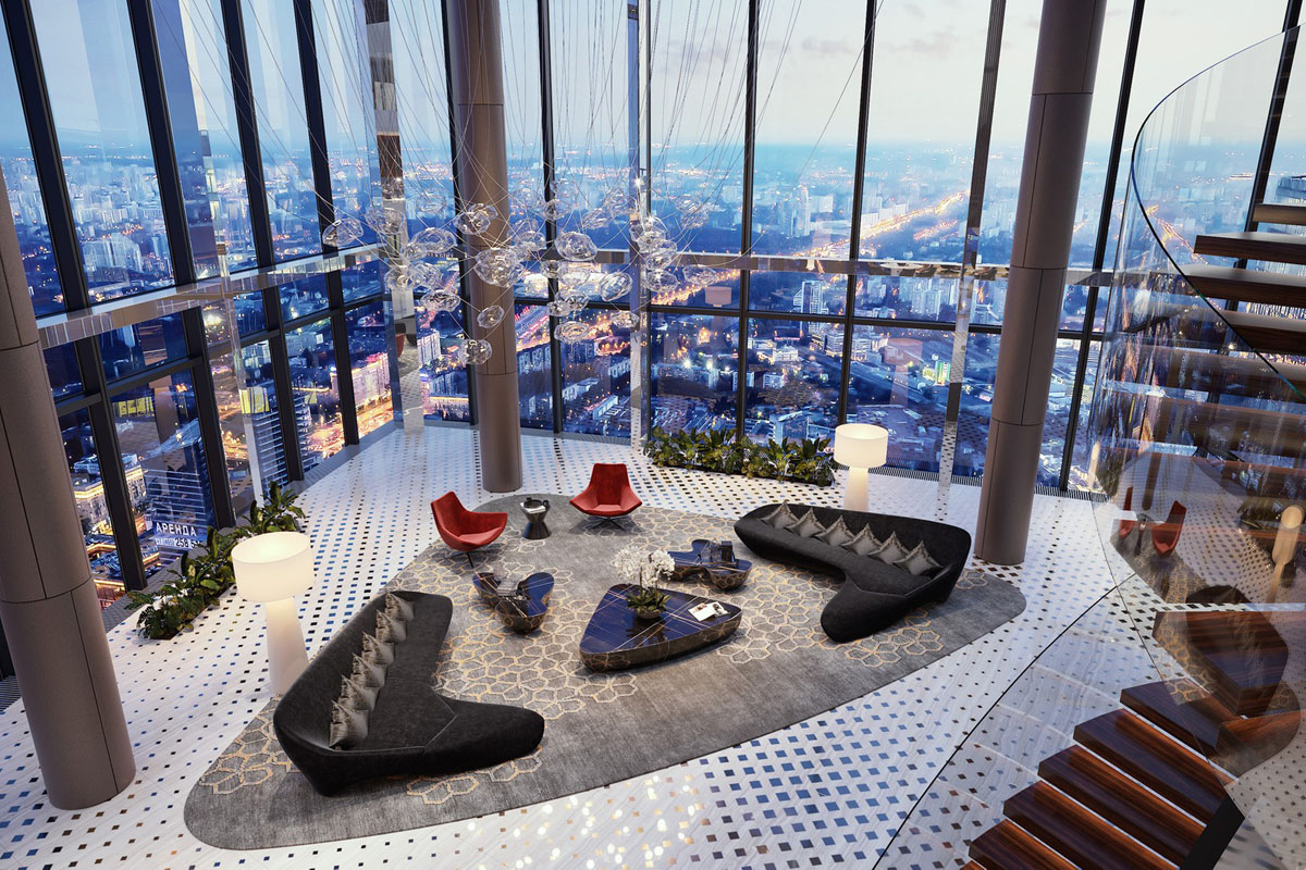 Luxury Living Room and Panoramic Views of Moscow