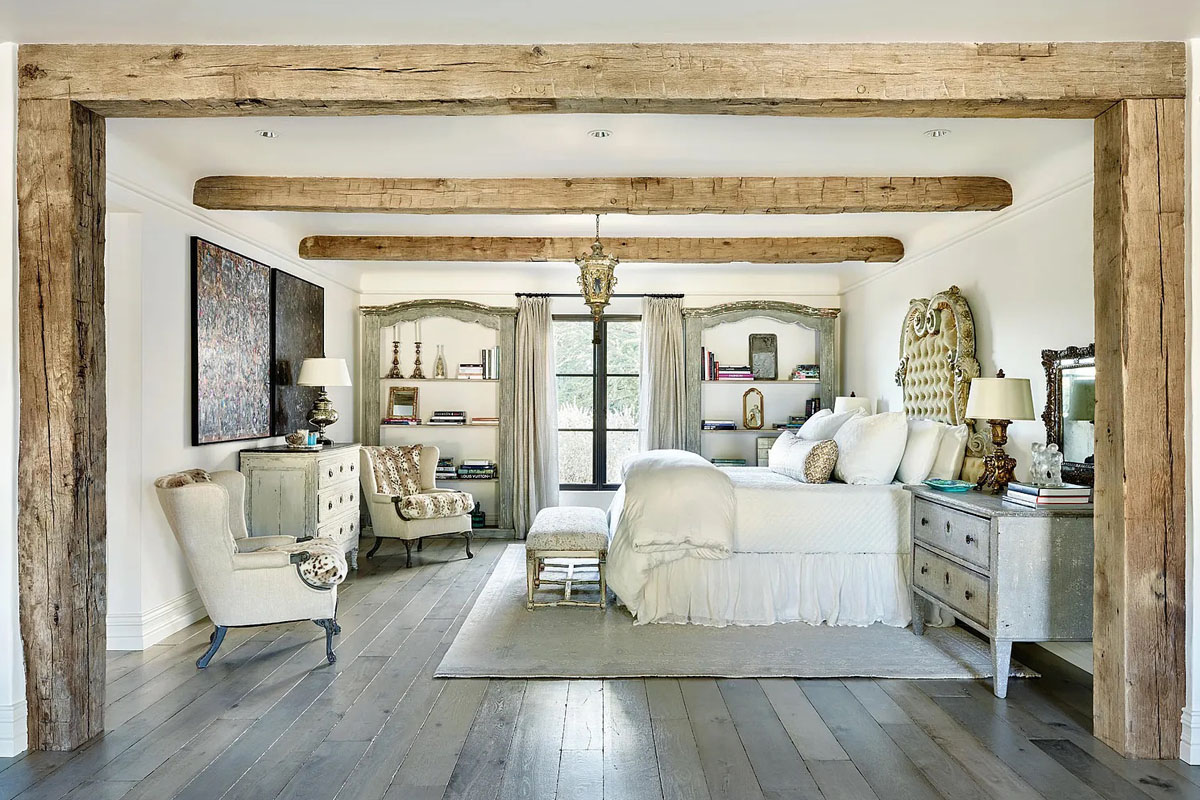 French-Oak Floors with Soft Gray Finish and Reclaimed Wood Beams