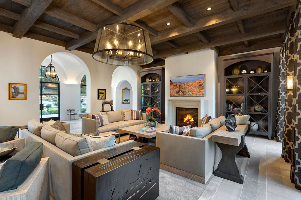 Mediterranean Living Room with Coffered Wood Ceiling