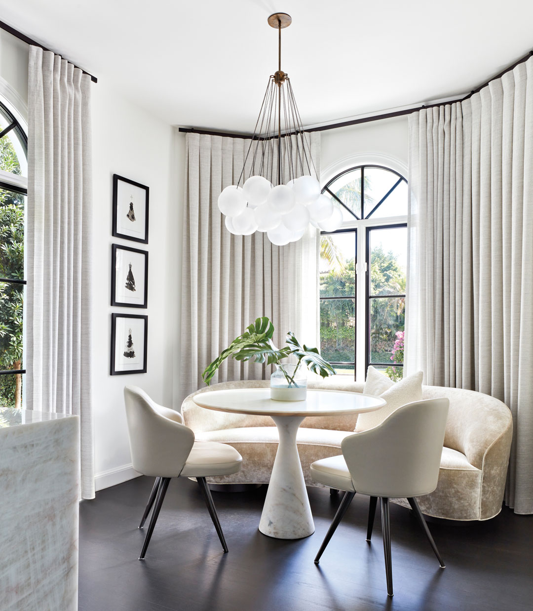 Chic Breakfast Area with Sloane Sofa and Marble Coffee Table