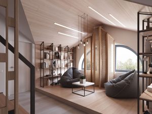 Modern Attic with Wood Screen and Arch Windows