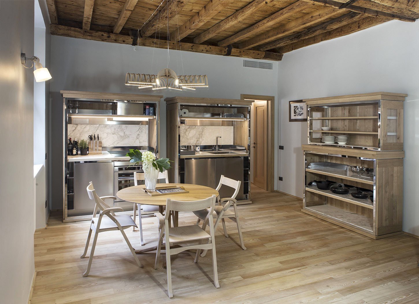 Kitchen with Wood Ceiling and Wood Flooring