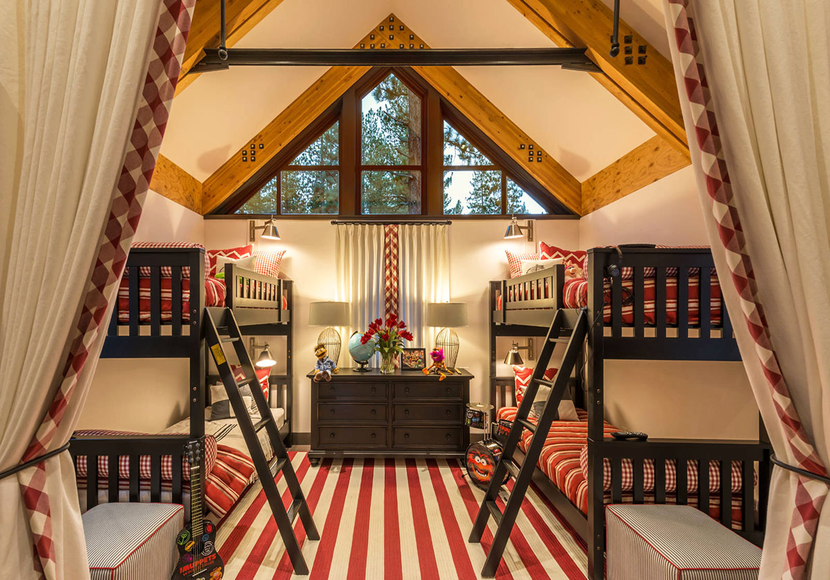 Kids Bunk Bedroom with Vaulted Ceilings and Whimsical Decor