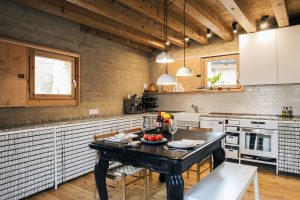Kitchen with Pine Wooden Planks Ceiling Beams