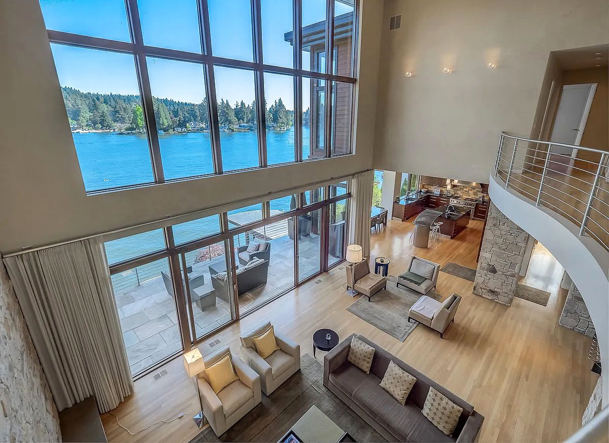 Double-Height Living Room with Lake View