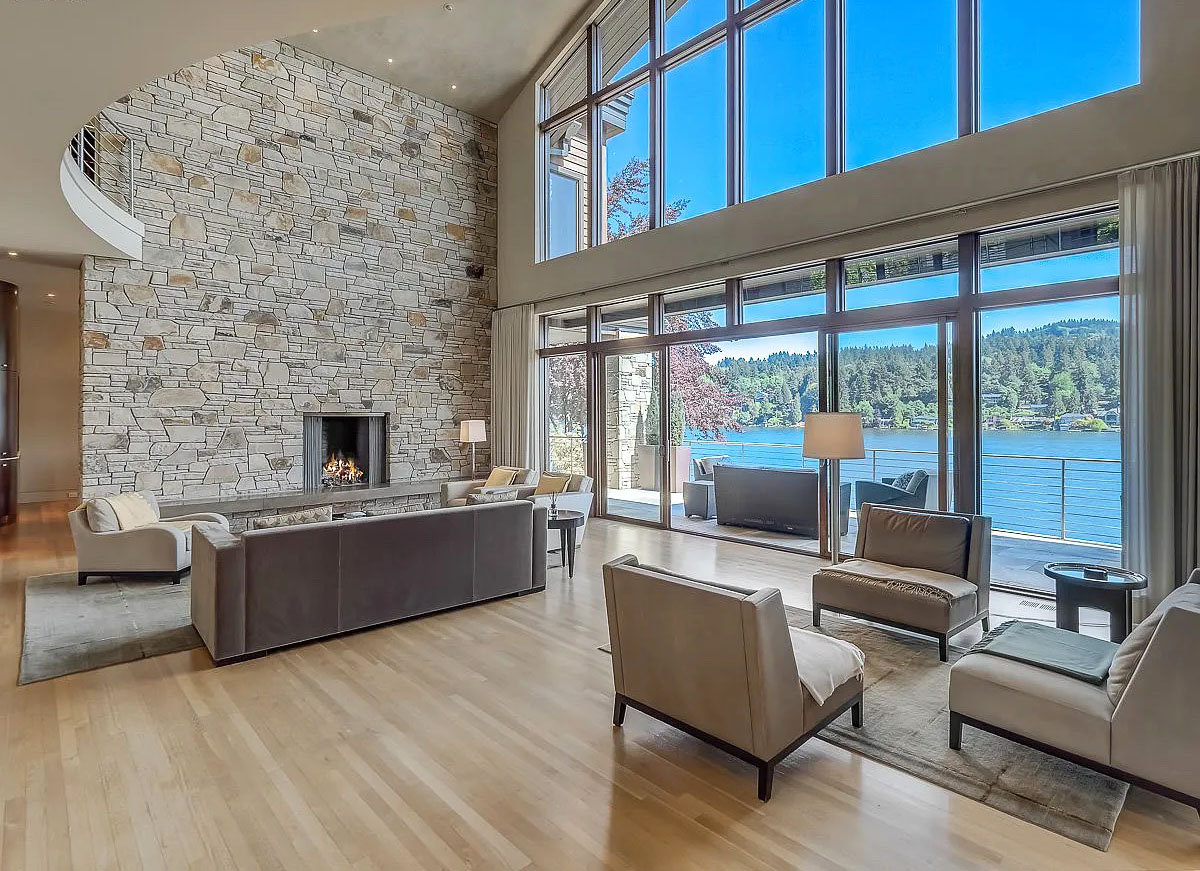 Double-Height Living Room with Lake View