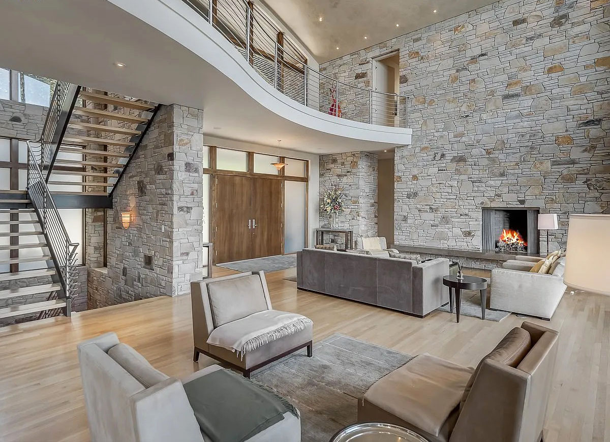 Modern Fireplace with Stone Wall