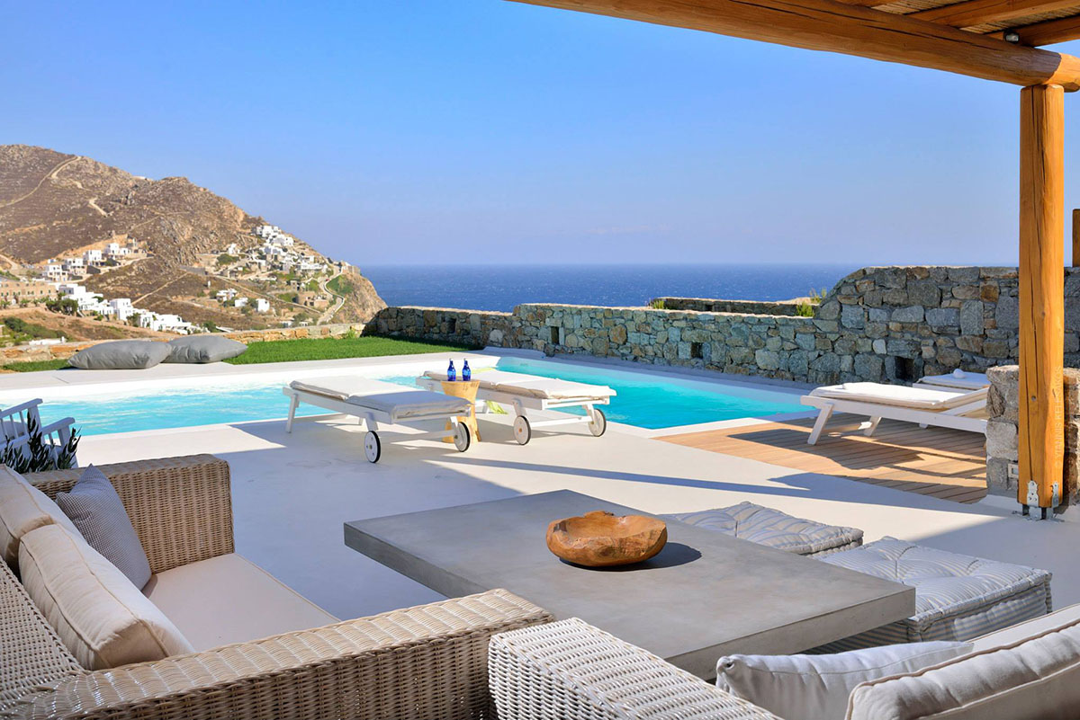 Greek Island Outdoor Terrace with Pool and Ocean View