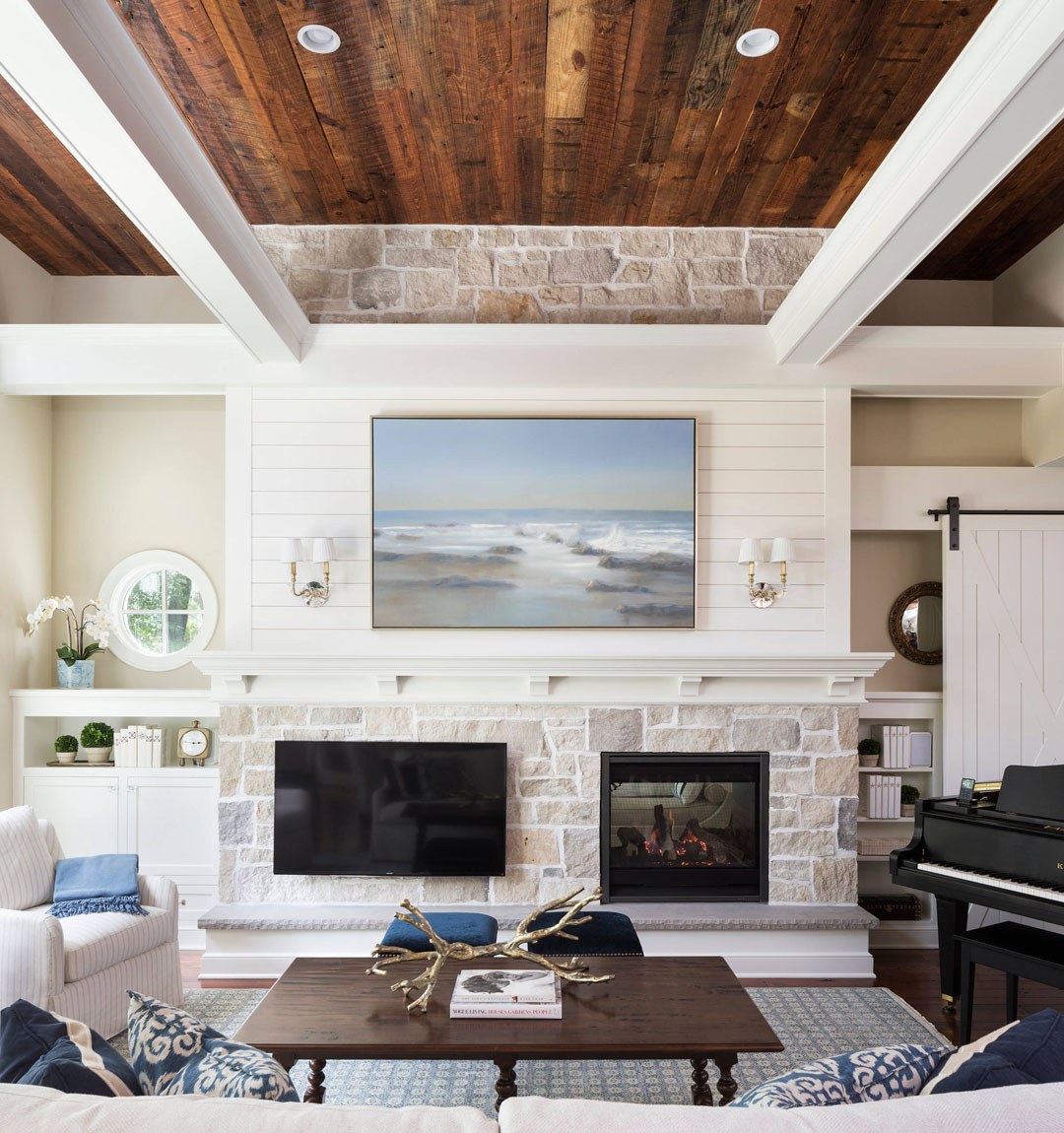 Stone Fireplace and Reclaimed Wood Ceiling