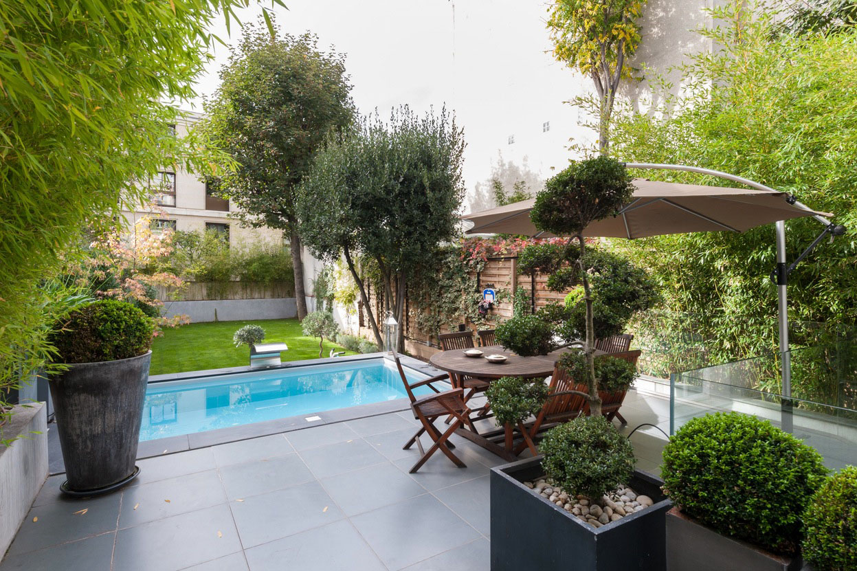 Contemporary Home Backyard Garden with Pool