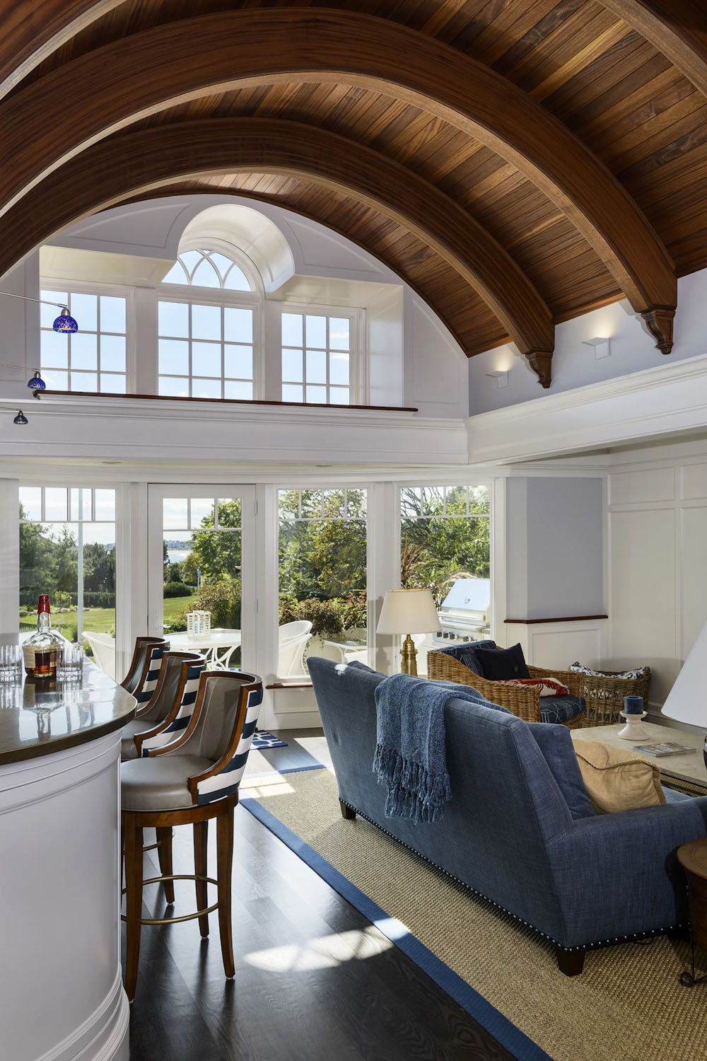 Living Room with Wood Barrel Vaulted Ceiling