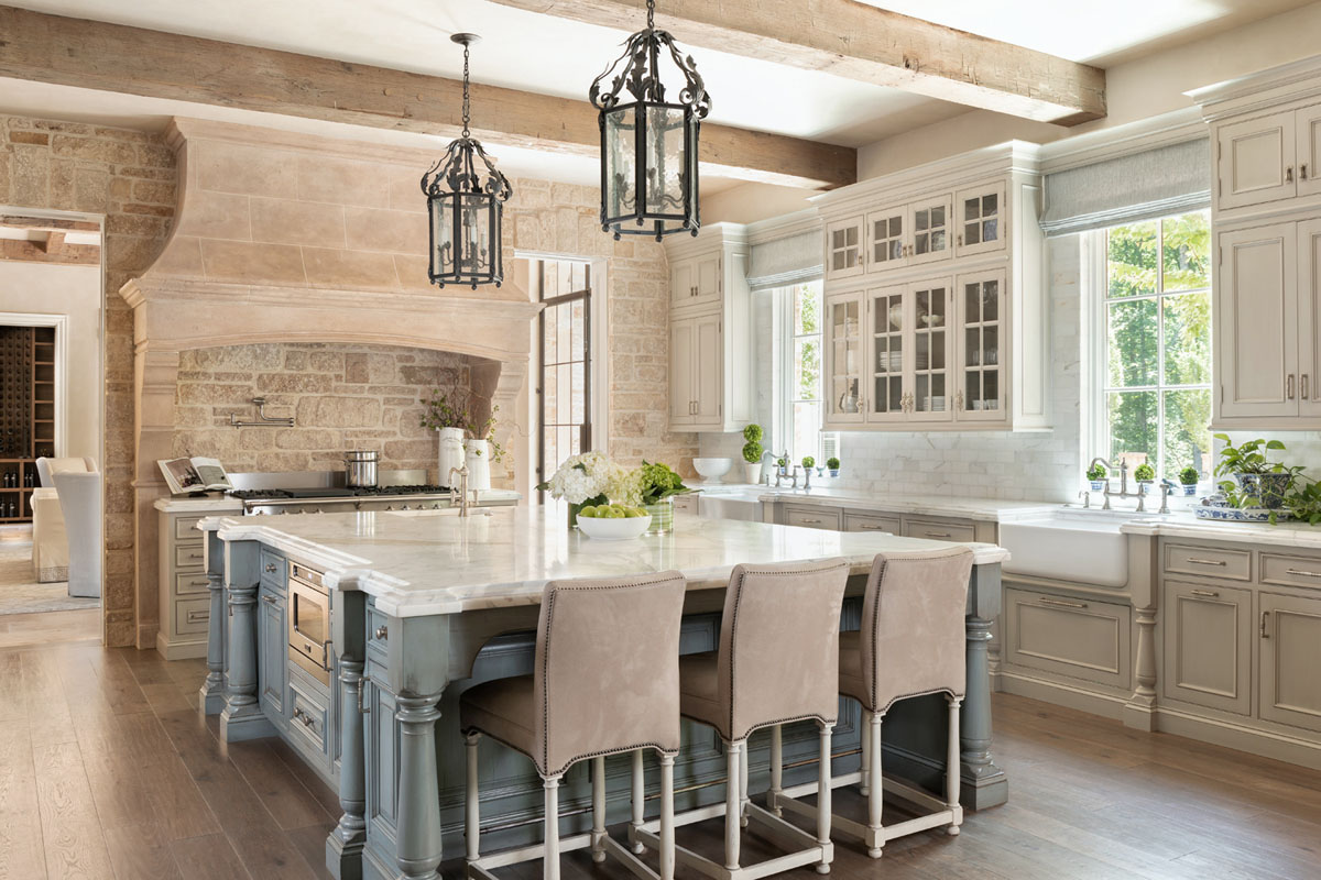 Rustic French Country Kitchen with Stone Wall