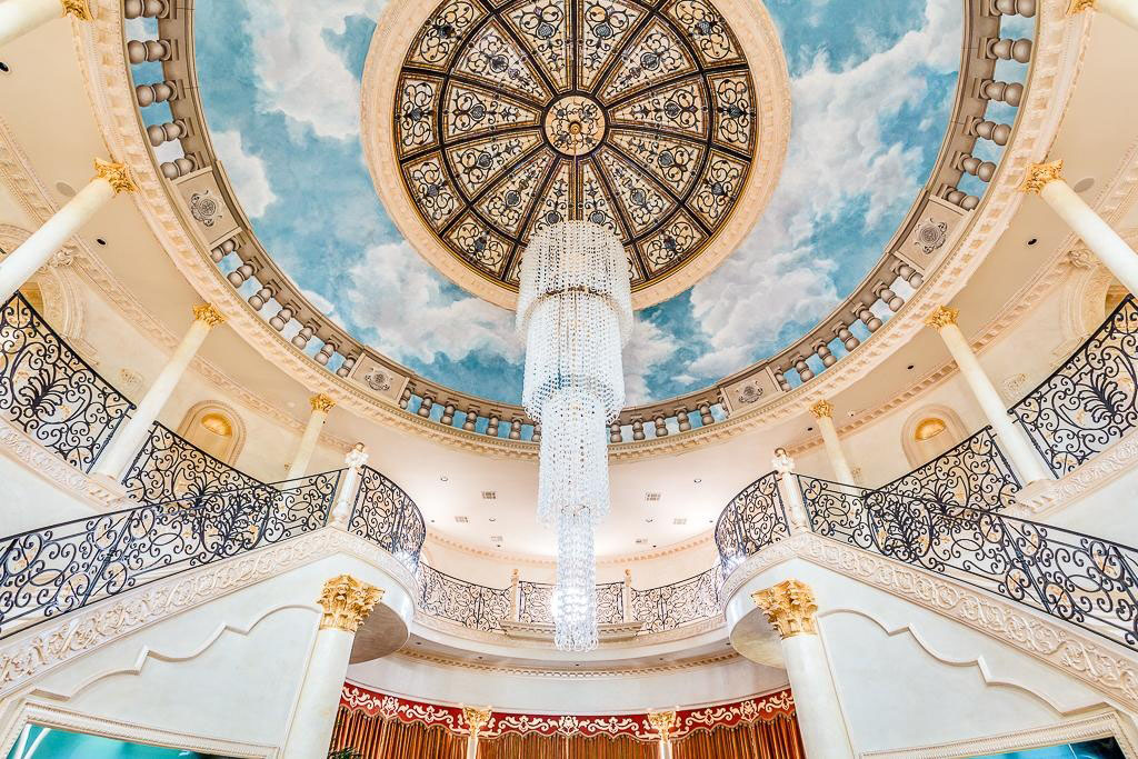 stained glass dome and chandelier